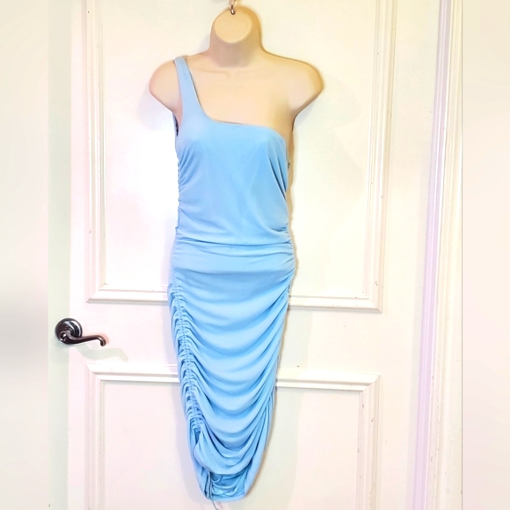 Blossom Sky Blue One Shoulder Ruched Midi Dress, UK 12/US 8, NWT